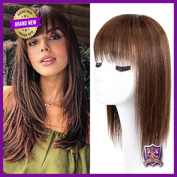 Human Hair Topper with Bangs 12 Inch Straight Silk Base Clip In Hairpiece main image 7